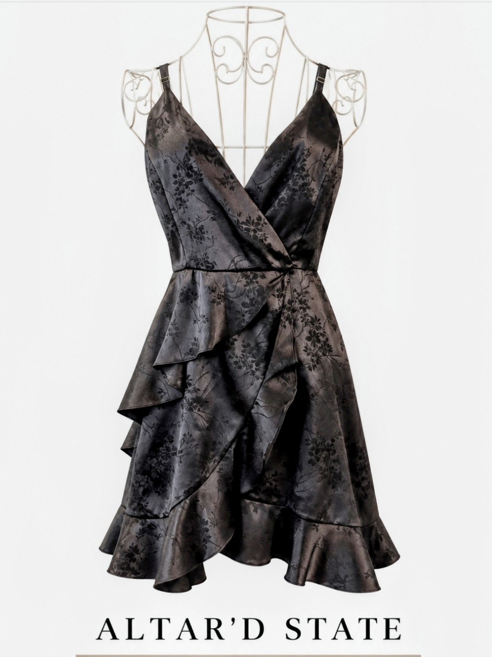 Altar'd State Black Floral Satin Ruffle Wrap Mini Dress